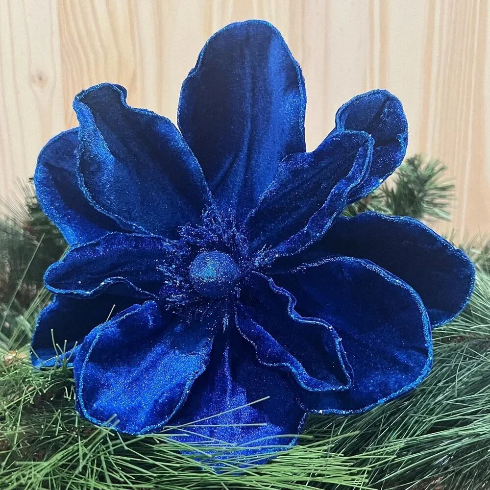 Sapphire Blue Deluxe Velvet Magnolia Floral Stem Pick Holiday Craft Supplies